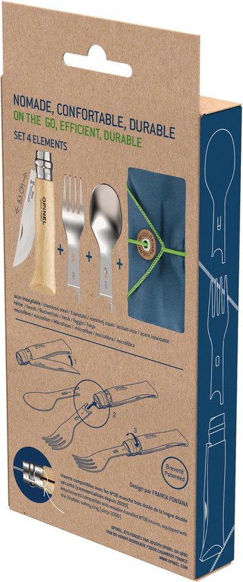 Couverts de voyage Opinel Picnic Plus - 4 pièces - inox/bois de hêtre - couteau de poche