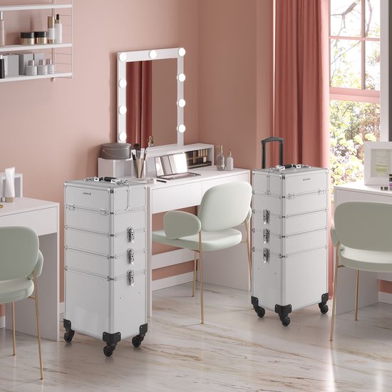 Pro cosmetische trolley, 4 wielen, make-upkoffer, make-upkoffer, make- upkoffer, beautykoffer, beauty met spiegel 4 wielen, champagneglas
