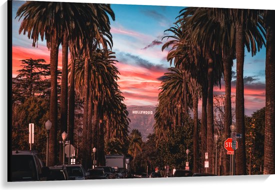 Canvas - Los Angeles Hollywood met Palmbomen - 120x80 cm Foto op Canvas Schilderij (Wanddecoratie op Canvas)