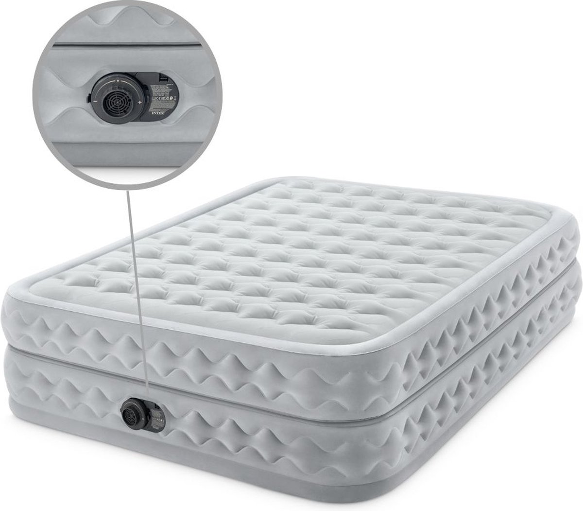 Intex Luchtbedset - 2-Persoons - 152 x 203 x 51 cm - Grijs - Met Ingebouwde pomp + Hoeslaken Wit + Kussen + Molton 2 in 1 Kussenslopen + Reparatieset