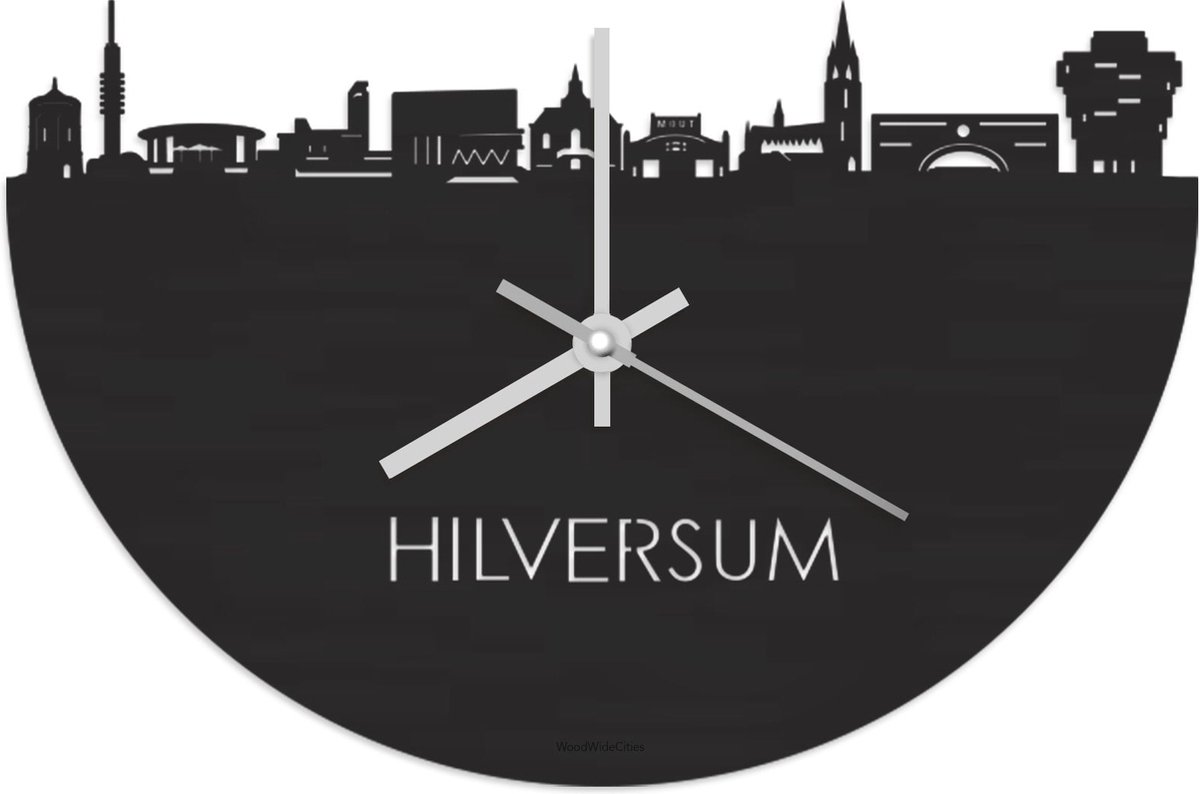 Skyline Klok Hilversum Zwart hout - Ø 40 cm - Stil uurwerk - Wanddecoratie - Meer steden beschikbaar - Woonkamer idee - Woondecoratie - City Art - Steden kunst - Cadeau voor hem - Cadeau voor haar - Jubileum - Trouwerij - Housewarming -