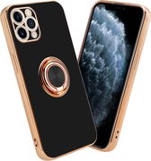 Cadorabo Hoesje voor Apple iPhone 11 PRO MAX in Glossy Zwart - Goud met ring - Beschermhoes van flexibel TPU-silicone Case Cover met camerabescherming en magnetische autohouder