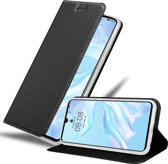 Étui de téléphone noir ouvert avec téléphone sur béquille.