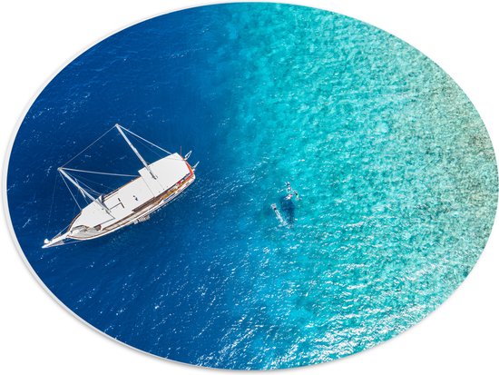 PVC Schuimplaat Ovaal - Bovenaanzicht van Toeristen bij Grote Boot op Open Zee - 40x30 cm Foto op Ovaal (Met Ophangsysteem)