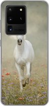 Geschikt voor Samsung Galaxy S20 Ultra hoesje - Paard - Stof - Bloemen - Siliconen Telefoonhoesje