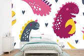 Behang babykamer - Fotobehang Dino - Patronen - Kind - Roze - Meisjes - Breedte 330 cm x hoogte 220 cm - Kinderbehang
