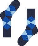 Donkerblauwe sokken met ruitpatroon in lichtblauw en marineblauw.