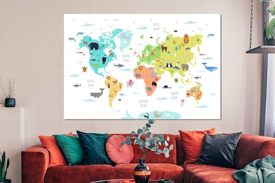Décoration murale Métal - Peinture Aluminium - Wereldkaart - Animaux - Enfants - 150x100 cm