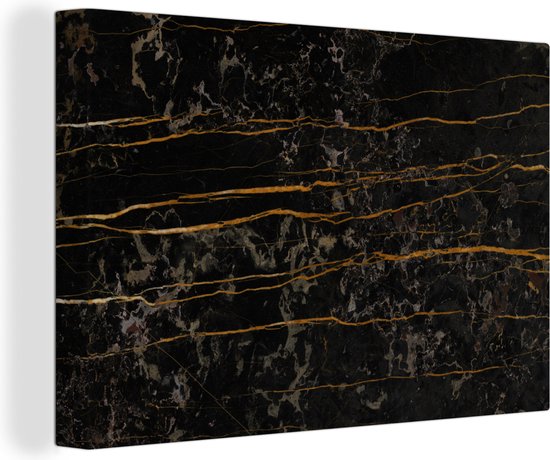 Canvas schilderij 150x100 cm - Wanddecoratie Marmer - Zwart - Goud - Ader - Muurdecoratie woonkamer - Slaapkamer decoratie - Kamer accessoires - Schilderijen op canvas