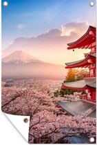 Tuinposters buiten Pagode - Sakura - Fuji - Bloesem takken - Japan - 60x90 cm - Tuindoek - Buitenposter