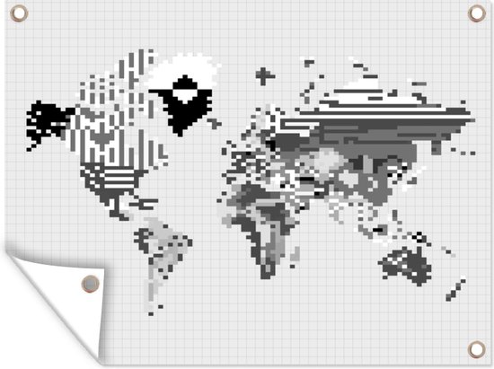 Tuin decoratie Wereldkaart - Pixel - Zwart Wit - 40x30 cm - Tuindoek - Buitenposter