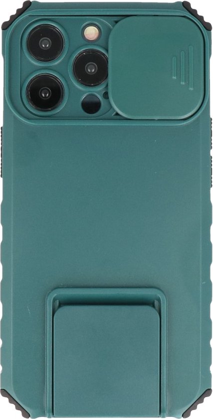 Premium Kwaliteit Anti Shock Hoesje - Back Cover - Camerawindow met Stand Functie - Geschikt voor iPhone 13 Pro Max - Donker Groen