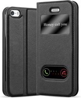 Cadorabo Hoesje geschikt voor Apple iPhone 5 / 5S / SE 2016 in KOMEET ZWART - Beschermhoes met magnetische sluiting, standfunctie en 2 kijkvensters Book Case Cover Etui
