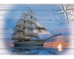 Fotobehang - Vlies Behang - Schip op Houten Planken - Boot in Zee - 416 x 290 cm