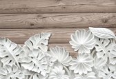 Fotobehang - Vlies Behang - Albasten Bloemen op Houten Planken - 152,5 x 104 cm