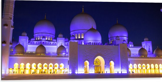 Dibond - Sjeik Zayed-moskee in de Nacht in Abu Dhabi - 100x50 cm Foto op Aluminium (Met Ophangsysteem)