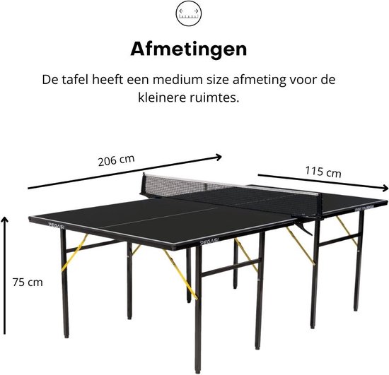 Zwarte tafeltennistafel met net. Afmetingen 206cm lengte, 115cm breedte, 75cm hoogte.