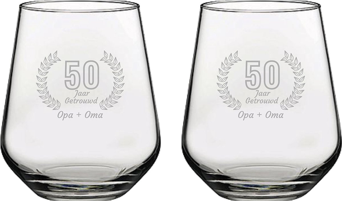 Gegraveerde set Drinkglazen 42,5cl Opa + Oma 50 jaar getrouwd