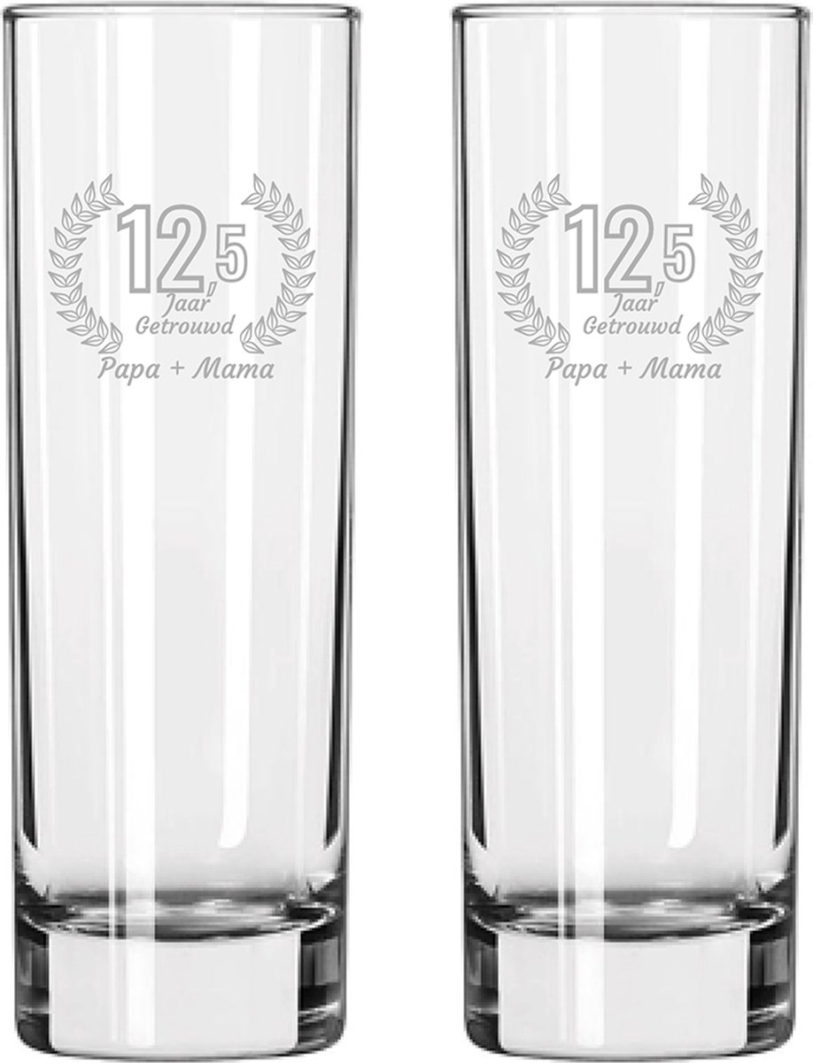 Gegraveerde set Longdrinkglazen 22cl Papa + Mama 12,5 jaar getrouwd