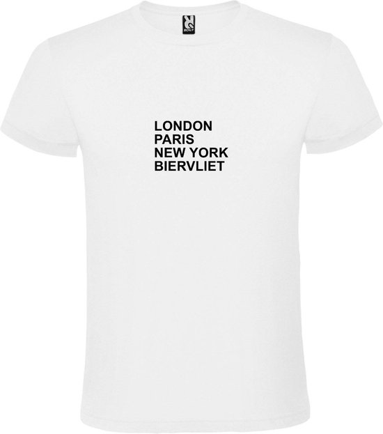 Wit T-Shirt met “ LONDON, PARIS, NEW YORK, BIERVLIET “ Afbeelding Zwart Size XXXXL
