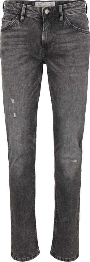 Donkergrijze jeans met lichte scheuren, recht model.