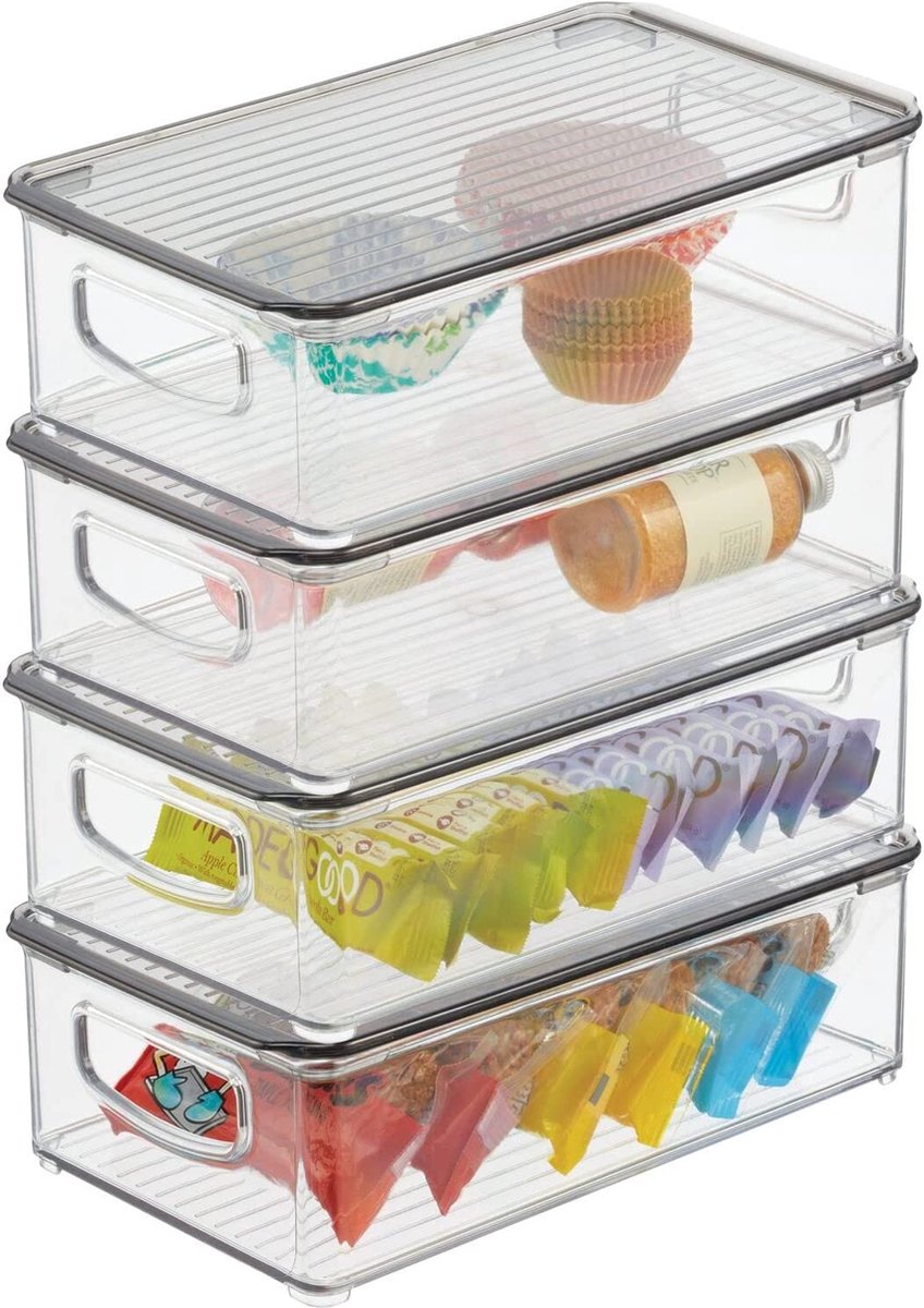 mDesign voorraaddoos van kunststof – koelkastdoos met deksel – levensmiddelen opbergdoos voor de keuken en bijkeuken – set van 4 – transparant/rookgrijs