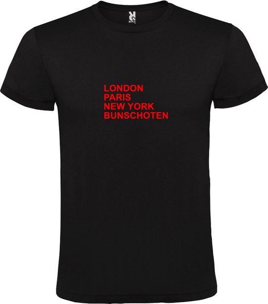 Zwart T-Shirt met “ LONDON, PARIS, NEW YORK, BUNSCHOTEN “ Afbeelding Rood Size XXXXXL