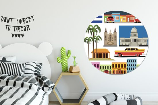 Un collage sur l'île de Cuba en illustration Assiette en plastique cercle mural ⌀ 150 cm XXL / Groot format!