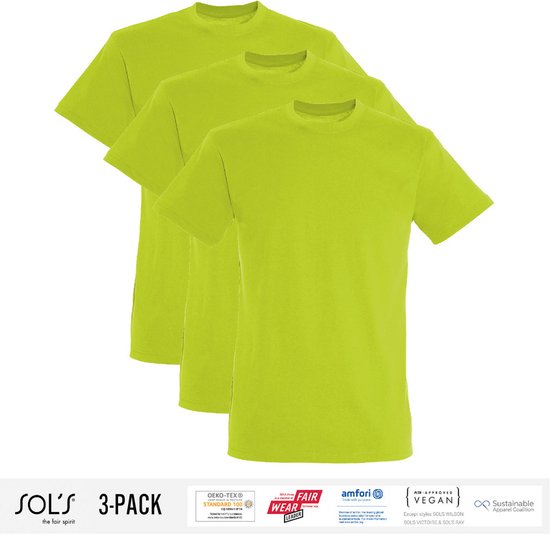 3 Pack Sol's Heren T-Shirt 100% biologisch katoen Ronde hals Appelgroen Maat 3XL