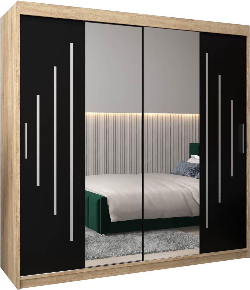 InspireME Kledingkast met 2 schuifdeuren, Modern-stijl, Een kledingkast met planken en een spiegel (BxHxD): 200x200x62 - MALTESE I 200 Sonoma Eik + Zwart Mat
