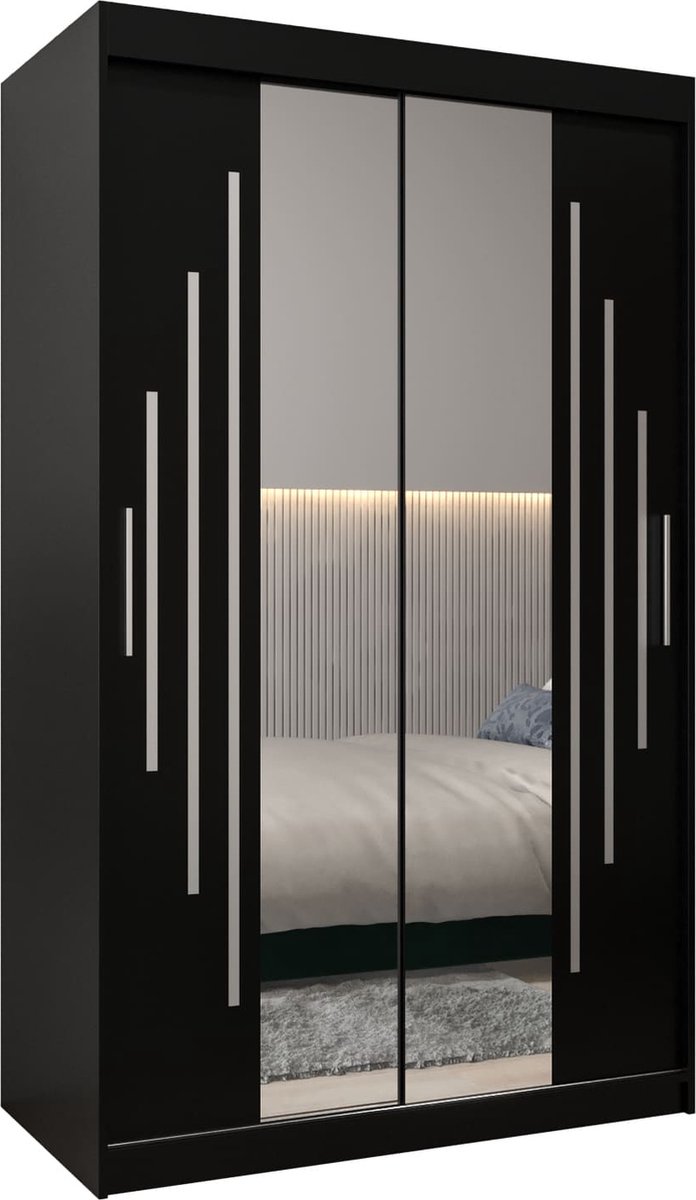 InspireME Kledingkast met 2 schuifdeuren, Modern-stijl, Een kledingkast met planken en een spiegel (BxHxD): 120x200x62 - MALTESE I 120 Zwart Mat met 2 lades