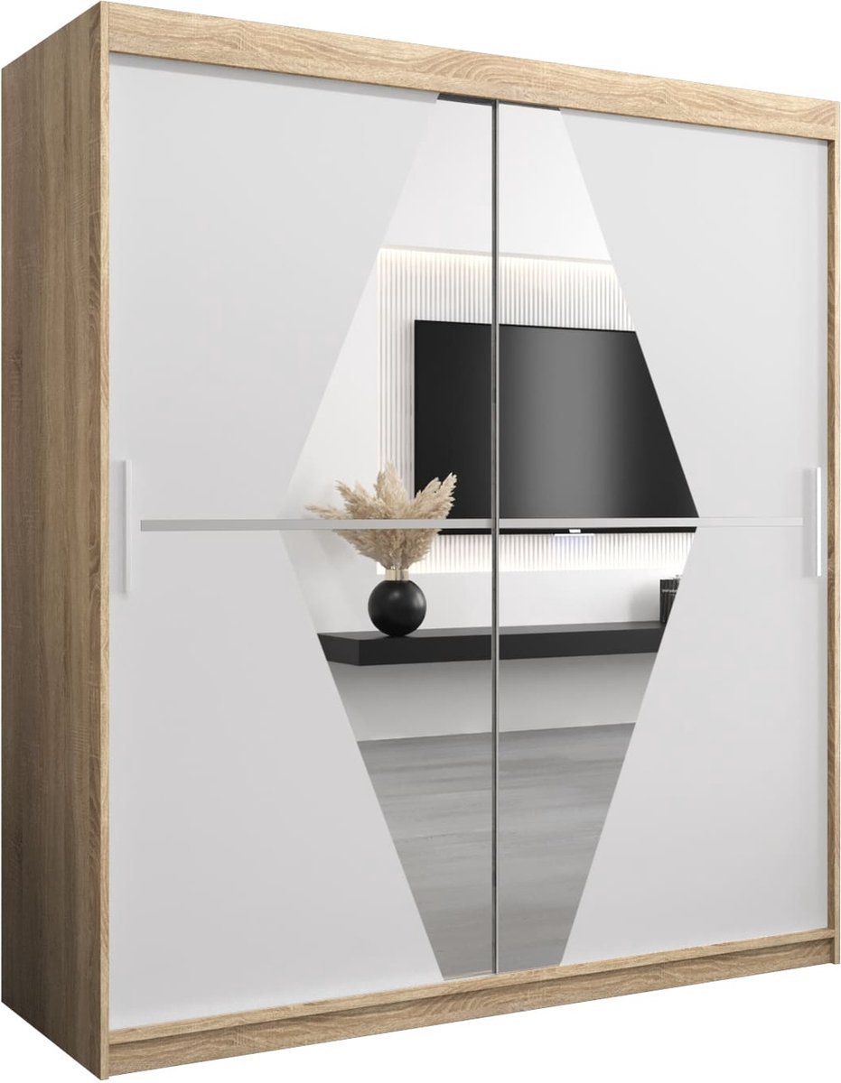 InspireME Kledingkast met 2 schuifdeuren, Modern-stijl, Een kledingkast met planken en een spiegel (BxHxD): 180x200x62 - BOLA 180 Sonoma Eik + Wit Mat met 4 lades