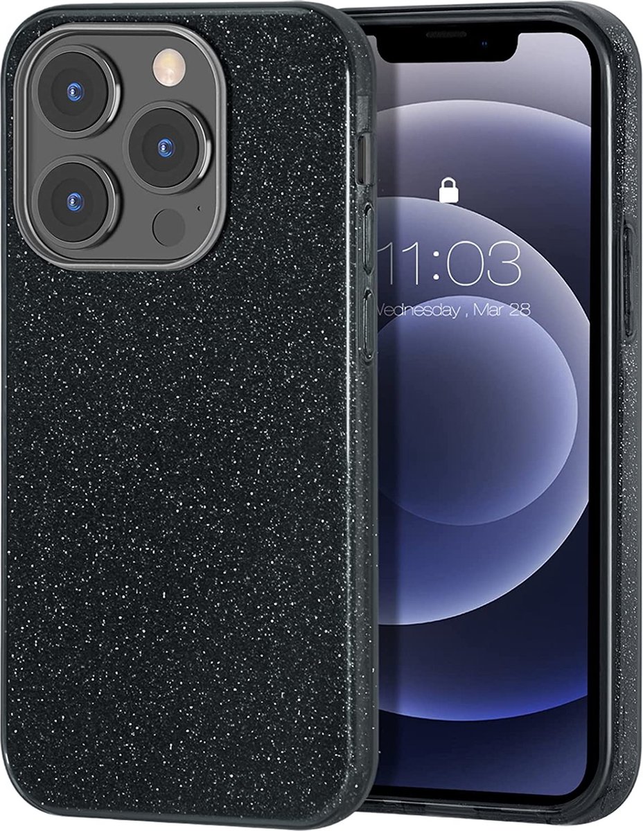 Geschikt voor iPhone 13 Pro hoesje glitter backcover – Zwart – oTronica