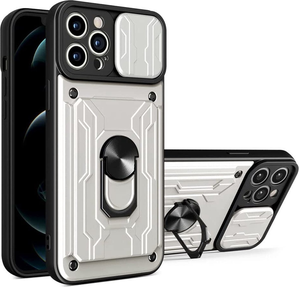 Geschikt voor iPhone 12 Pro Max hoesje met pashouder - camera bescherming cover en ring houder – Zilver – oTronica