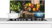 Spatscherm keuken 90x45 cm - Kookplaat achterwand Groente - Kruiden - Rustiek - Stilleven - Basilicum - Muurbeschermer - Spatwand fornuis - Hoogwaardig aluminium