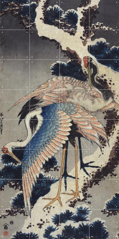 IXXI Deux grues sur une branche de pin enneigée - Katsushika Hokusai - Décoration murale - 160 x 80 cm