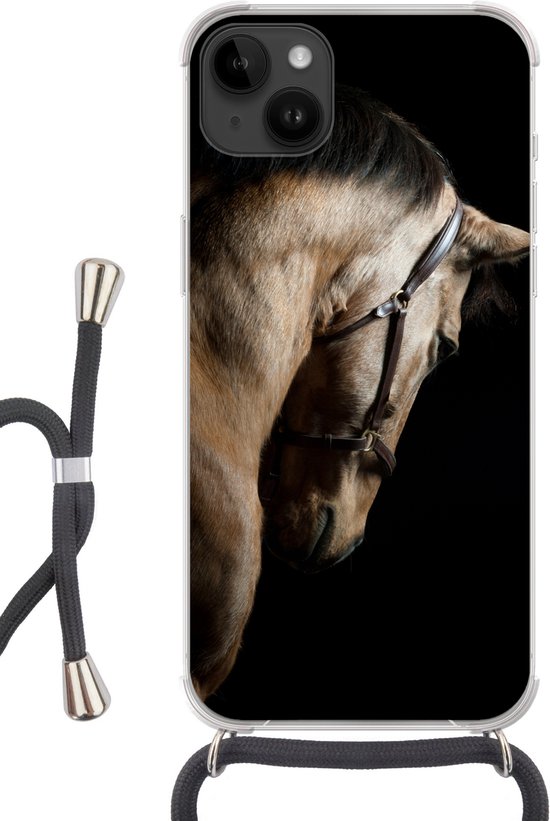 Coque de téléphone compatible avec Apple iPhone 14 Plus - Paarden - Licol - Zwart - Siliconen - Bandoulière - Coque arrière avec cordon - Coque de téléphone avec cordon - Coque avec corde