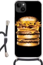 Geschikt voorApple Iphone 14 Plus - Crossbody Case - Gouden hamburger op een zwarte achtergrond. - Siliconen - Crossbody - Backcover met Koord - Telefoonhoesje met koord - Hoesje met touw