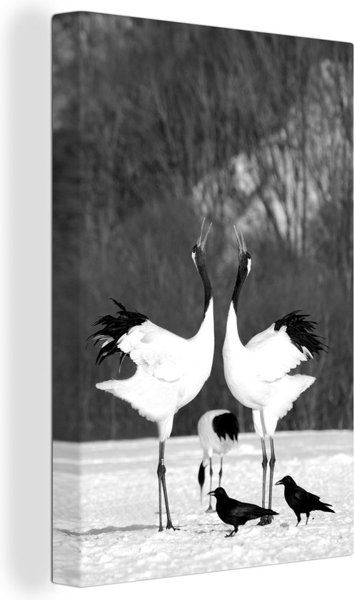Canvas Schilderij Twee Japanse kraanvogels doen een paringsdans in de sneeuw - zwart wit - 20x30 cm - Wanddecoratie