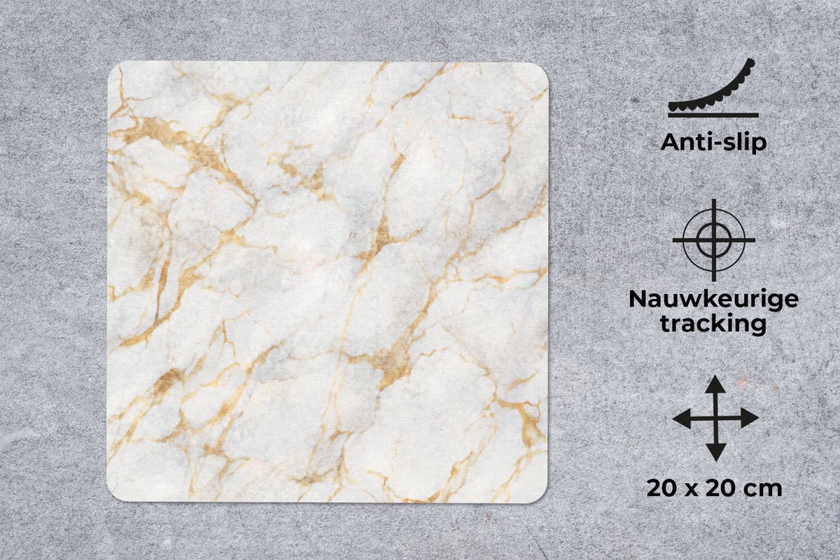 Muismat 20x20 cm - Mousepad Marmer - Wit - Goud - Abstract - Muismatten