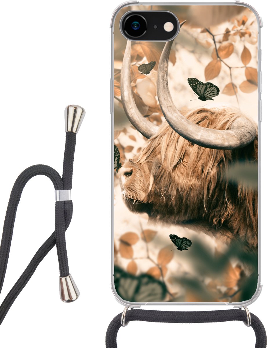 Telefoonhoesje Geschikt voor iPhone SE 2020 - Schotse hooglander - Vlinders - Bladeren - Siliconen - Crossbody - Backcover met Koord - Telefoonhoesje met koord - Hoesje met touw Telefoonhoesje