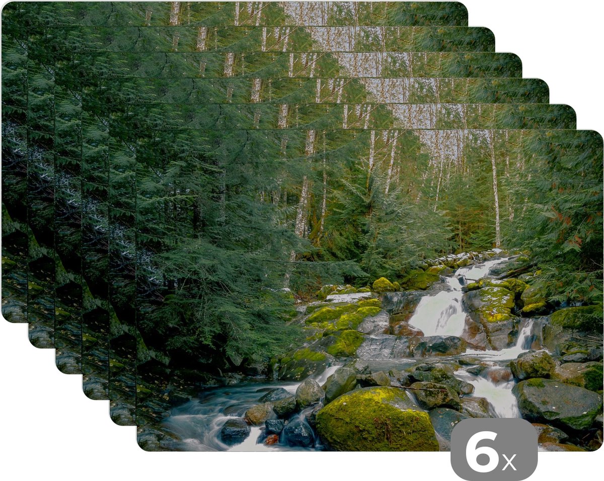 Placemat - Placemats kunststof - Natuur - Waterval - Bomen - Herfst - 45x30 cm - 6 stuks - Hittebestendig - Anti-Slip - Onderlegger - Afneembaar