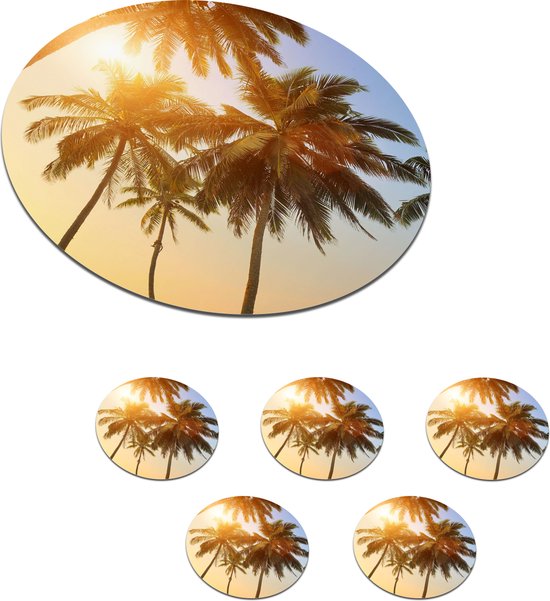 Sous-verres pour verres - Rond - Palmier - Soleil - Été - Tropical - 10x10 cm - Sous-verres en verre - 6 pièces