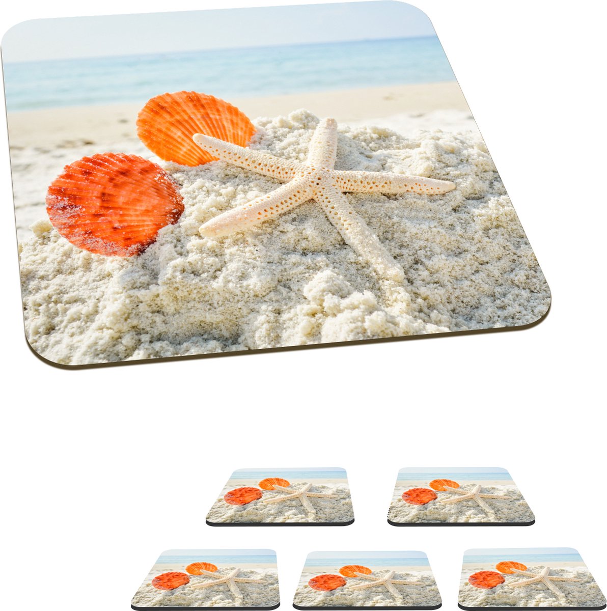 Onderzetters voor glazen - Strand - Schelpen - Zeester - 10x10 cm - Glasonderzetters - 6 stuks