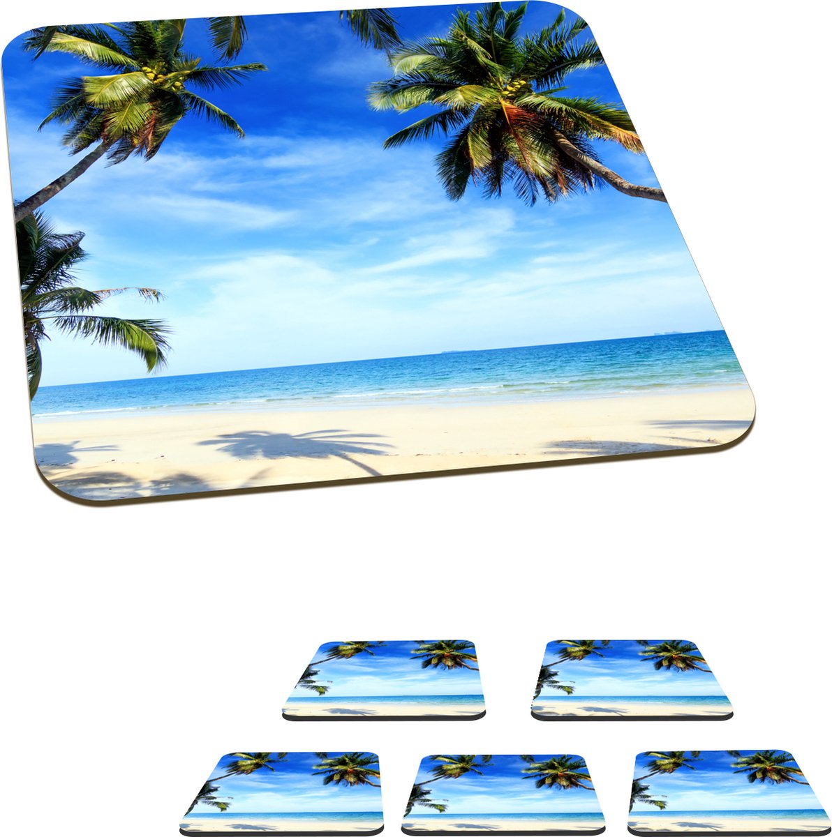 Onderzetters voor glazen - Palmbomen - Strand - Zee - 10x10 cm - Glasonderzetters - 6 stuks
