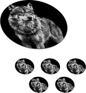 Onderzetters voor glazen - Rond - Wolf - Dieren - Wild - Zwart - Wit - 10x10 cm - Glasonderzetters - 6 stuks