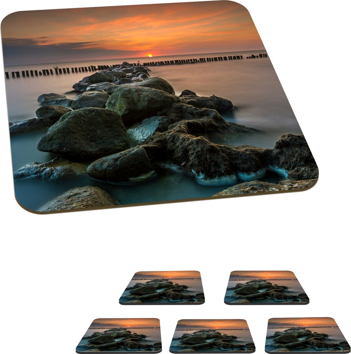 Onderzetters voor glazen - Zee - Zon - Stenen - 10x10 cm - Glasonderzetters - 6 stuks