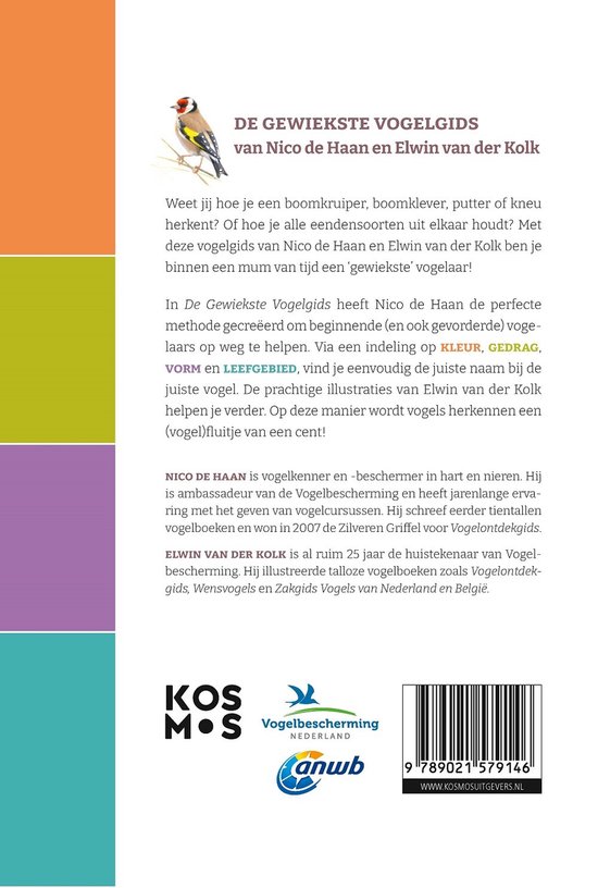 Boekomslag met titel 'DE GEWIEKSTE VOGELGIDS', illustraties van vogels en auteursinformatie.