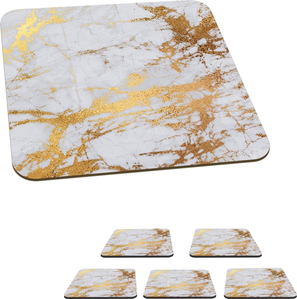 Onderzetters voor glazen - Marmer - Grijs - Goud - 10x10 cm - Glasonderzetters - 6 stuks
