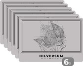 Placemat - Placemats kunststof - Plattegrond – Hilversum – Zwart Wit – Stadskaart - Kaart - Nederland - 45x30 cm - 6 stuks - Hittebestendig - Anti-Slip - Onderlegger - Afneembaar